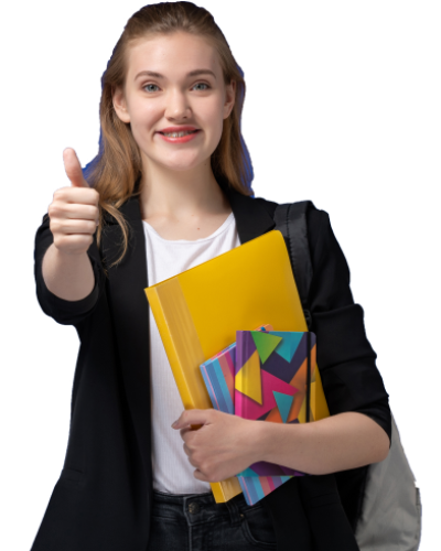 front-view-female-student-black-jacket-wearing-backpack-holding-files-with-copybooks-smiling-blue-wall-college-university-lesson 1
